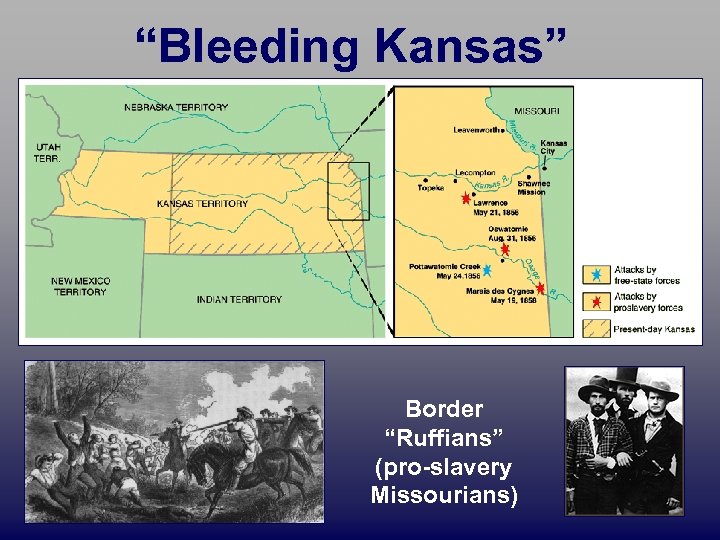 “Bleeding Kansas” Border “Ruffians” (pro-slavery Missourians) 