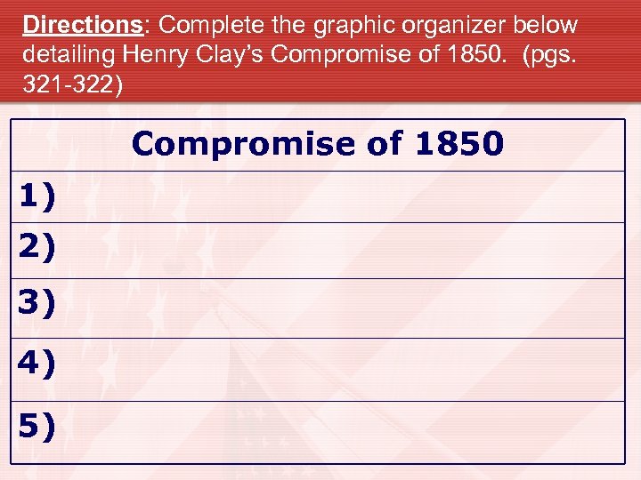 Directions: Complete the graphic organizer below detailing Henry Clay’s Compromise of 1850. (pgs. 321