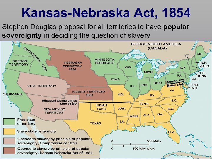 Kansas-Nebraska Act, 1854 Stephen Douglas proposal for all territories to have popular sovereignty in