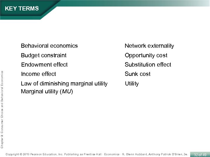 KEY TERMS Network externality Budget constraint Opportunity cost Endowment effect Chapter 9: Consumer Choice