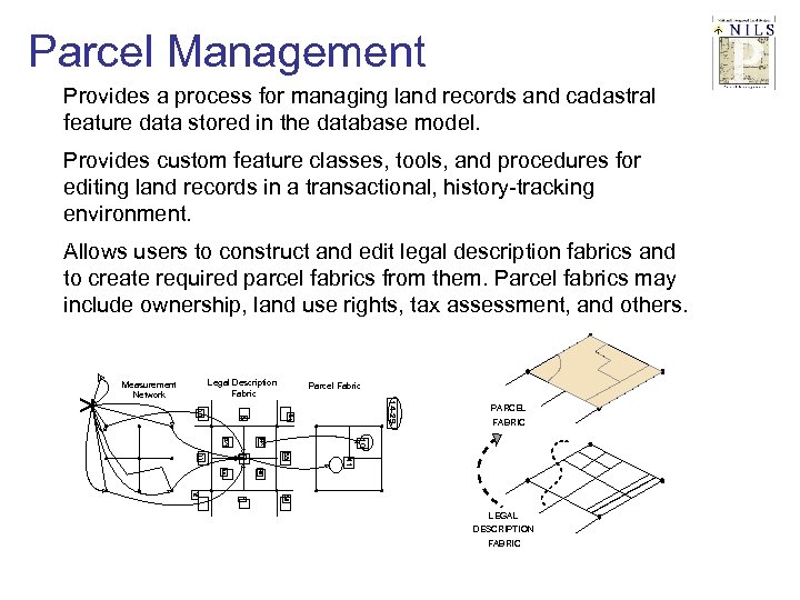 Parcel Management Provides a process for managing land records and cadastral feature data stored