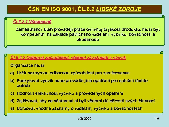 ČSN EN ISO 9001, ČL. 6. 2 LIDSKÉ ZDROJE Čl. 6. 2. 1 Všeobecně