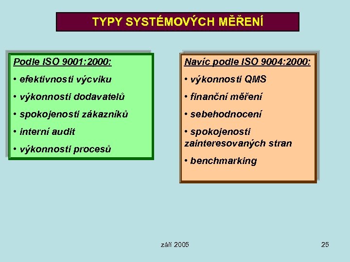 TYPY SYSTÉMOVÝCH MĚŘENÍ Podle ISO 9001: 2000: Navíc podle ISO 9004: 2000: • efektivnosti