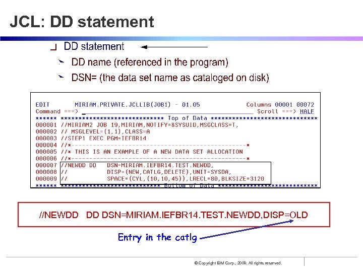 JCL: DD statement //NEWDD DD DSN=MIRIAM. IEFBR 14. TEST. NEWDD, DISP=OLD Entry in the