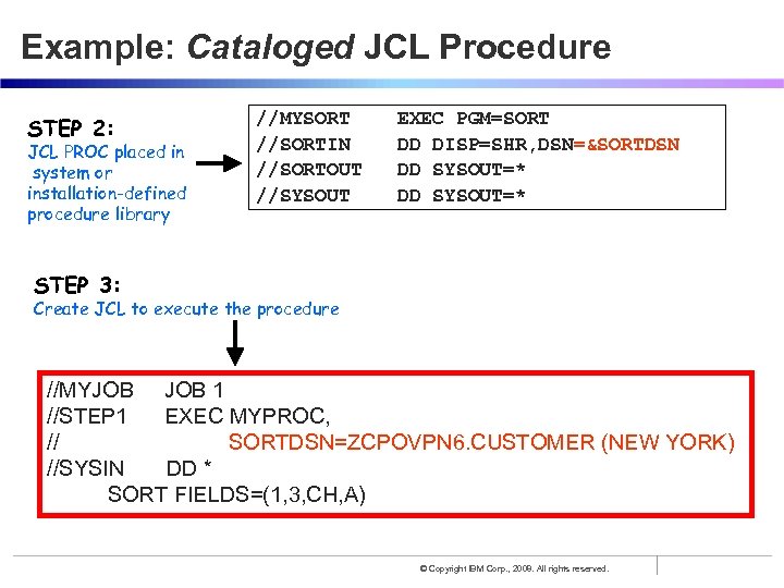 Example: Cataloged JCL Procedure STEP 2: JCL PROC placed in system or installation-defined procedure