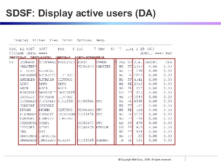 SDSF: Display active users (DA) © Copyright IBM Corp. , 2008. All rights reserved.