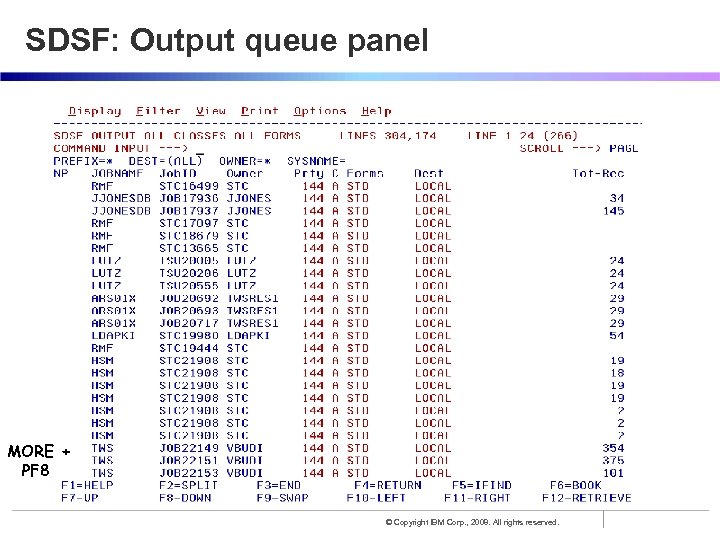 SDSF: Output queue panel MORE + PF 8 © Copyright IBM Corp. , 2008.