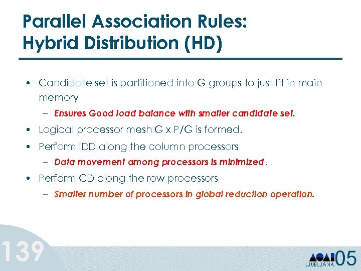 Parallel Association Rules: Hybrid Distribution (HD) • Candidate set is partitioned into G groups