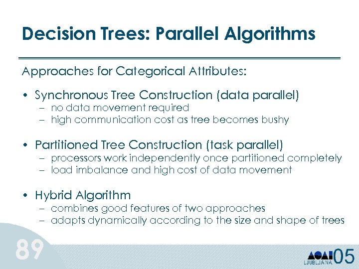 Decision Trees: Parallel Algorithms Approaches for Categorical Attributes: • Synchronous Tree Construction (data parallel)