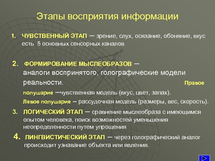 Этапы восприятия информации 1. ЧУВСТВЕННЫЙ ЭТАП – зрение, слух, осязание, обоняние, вкус есть 5