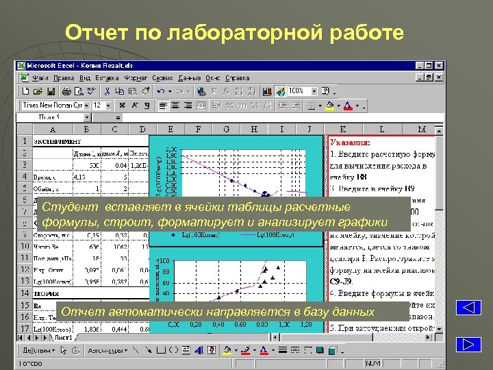 Отчет по лабораторной работе Студент вставляет в ячейки таблицы расчетные формулы, строит, форматирует и