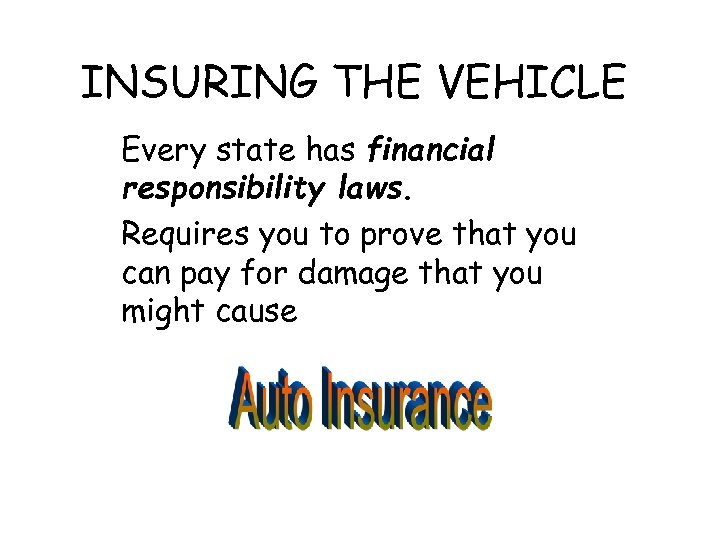 INSURING THE VEHICLE Every state has financial responsibility laws. Requires you to prove that