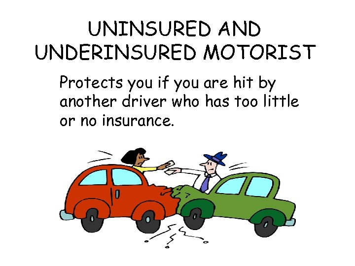 UNINSURED AND UNDERINSURED MOTORIST Protects you if you are hit by another driver who