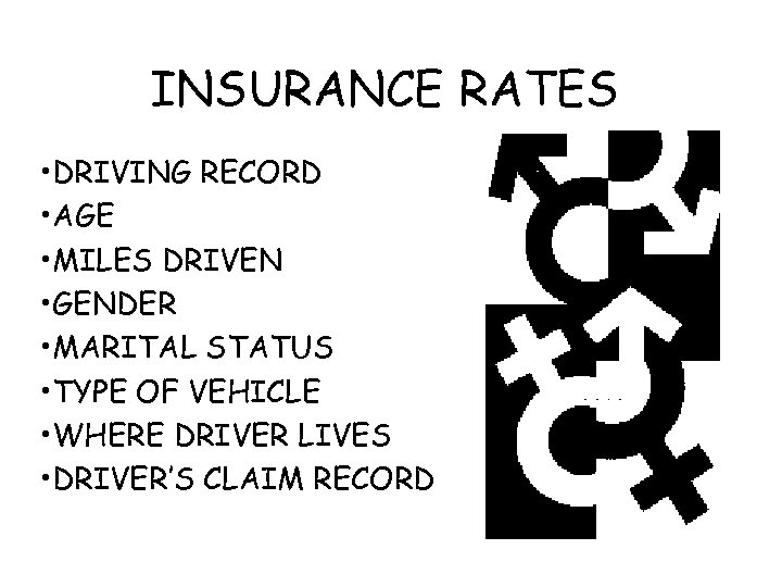 INSURANCE RATES • DRIVING RECORD • AGE • MILES DRIVEN • GENDER • MARITAL