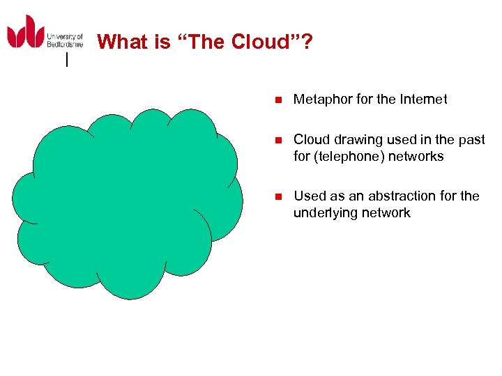 What is “The Cloud”? n Metaphor for the Internet n Cloud drawing used in