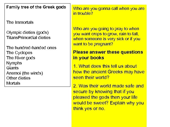 Family tree of the Greek gods The Immortals Olympic dieties (gods) Titans. Primordial dieties