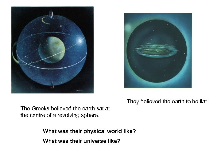 They believed the earth to be flat. The Greeks believed the earth sat at