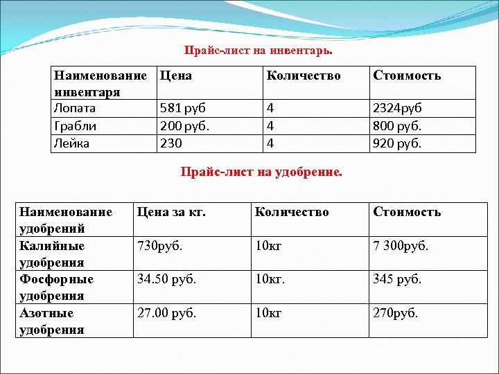 Прайс-лист на инвентарь. Наименование инвентаря Лопата Грабли Лейка Цена Количество Стоимость 581 руб 200