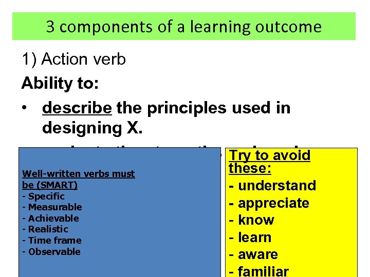 3 components of a learning outcome 1) Action verb Ability to: • describe the