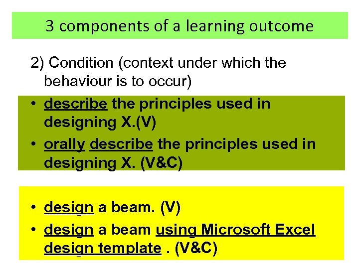 3 components of a learning outcome 2) Condition (context under which the behaviour is