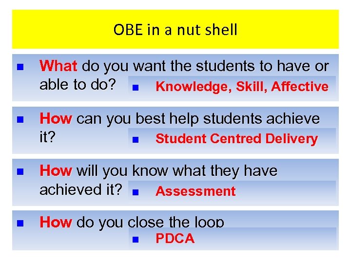 OBE in a nut shell n What do you want the students to have