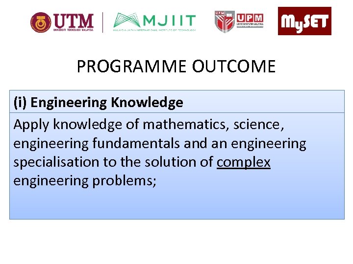 PROGRAMME OUTCOME (i) Engineering Knowledge Apply knowledge of mathematics, science, engineering fundamentals and an