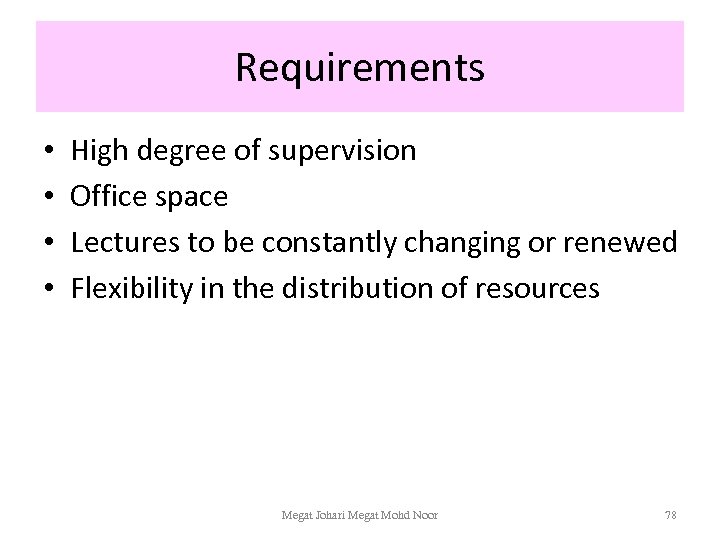 Requirements • • High degree of supervision Office space Lectures to be constantly changing