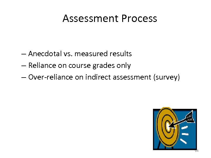 Assessment Process – Anecdotal vs. measured results – Reliance on course grades only –