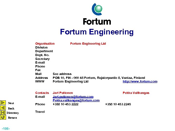 Fortum Engineering Organisation Fortum Engineering Ltd Division Department Dept. No. Secretary E-mail Phone Fax