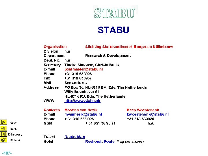 STABU Organisation Stichting Standaardbestek Burger-en Utilitsbouw Division n. a Department Research & Development Dept.