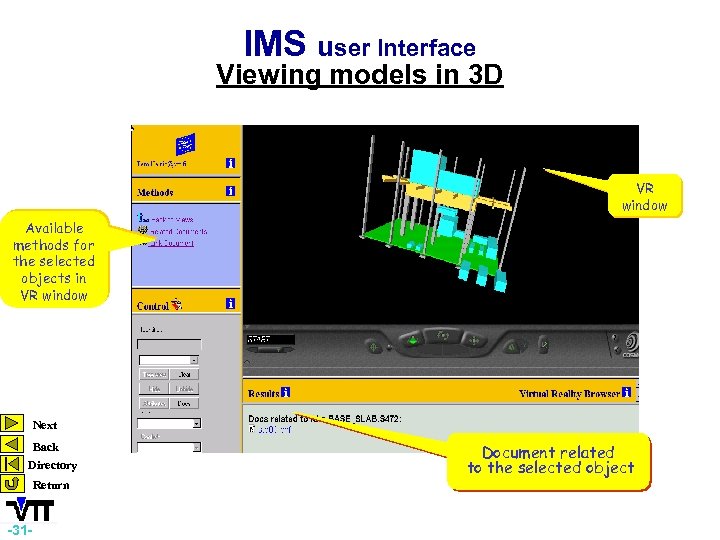 IMS user Interface Viewing models in 3 D VR window Available methods for the