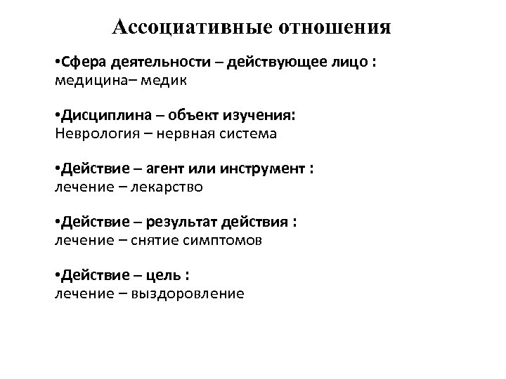 Ассоциативные отношения • Сфера деятельности – действующее лицо : медицина– медик • Дисциплина –