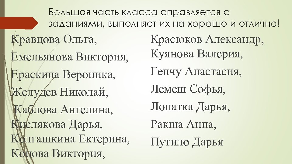 Большая часть класса справляется с заданиями, выполняет их на хорошо и отлично! Кравцова Ольга,