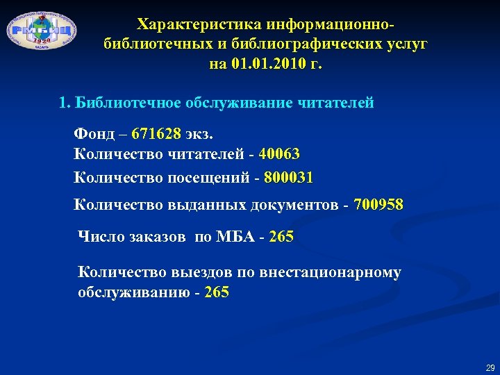 Характеристика информационнобиблиотечных и библиографических услуг на 01. 2010 г. 1. Библиотечное обслуживание читателей Фонд