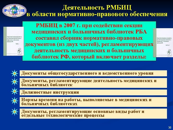 Деятельность РМБИЦ в области нормативно-правового обеспечения РМБИЦ в 2007 г. при содействии секции медицинских