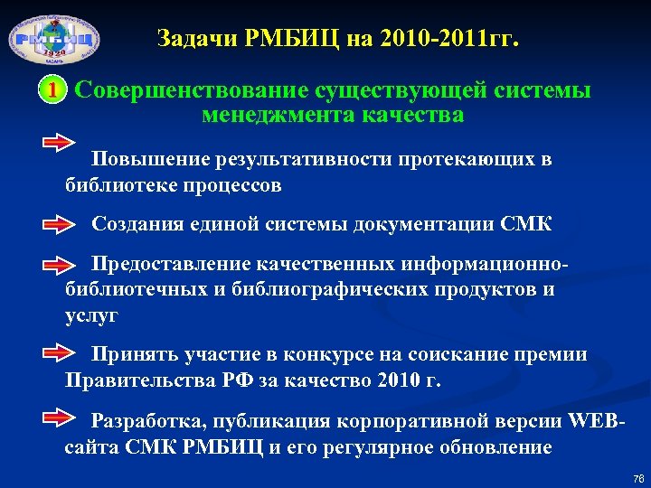 Задачи РМБИЦ на 2010 -2011 гг. 1 Совершенствование существующей системы менеджмента качества Повышение результативности