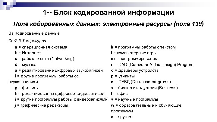 1 -- Блок кодированной информации Поле кодированных данных: электронные ресурсы (поле 139) $a Кодированные