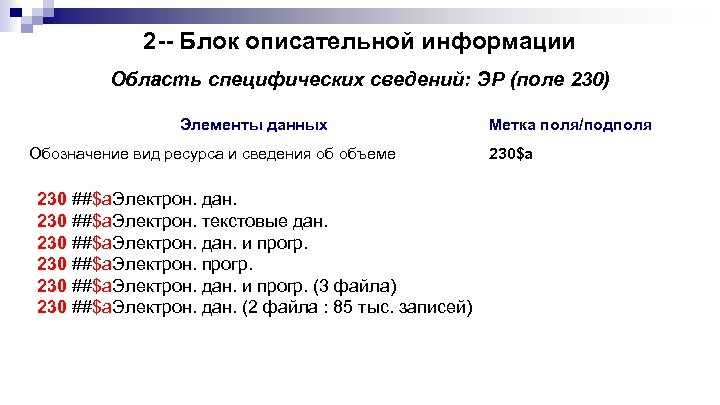 2 -- Блок описательной информации Область специфических сведений: ЭР (поле 230) Элементы данных Обозначение