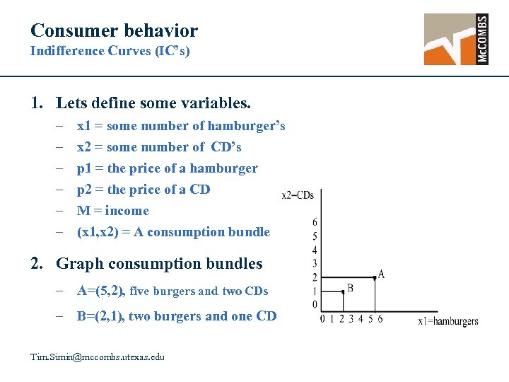 Consumer behavior Indifference Curves (IC’s) 1. Lets define some variables. – – – x