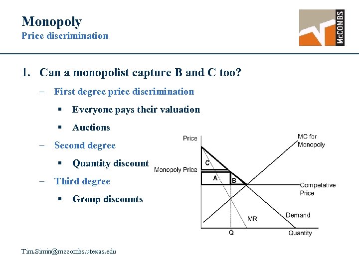 Monopoly Price discrimination 1. Can a monopolist capture B and C too? – First