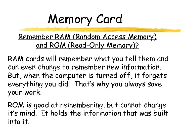 Memory Card Remember RAM (Random Access Memory) and ROM (Read-Only Memory)? RAM cards will