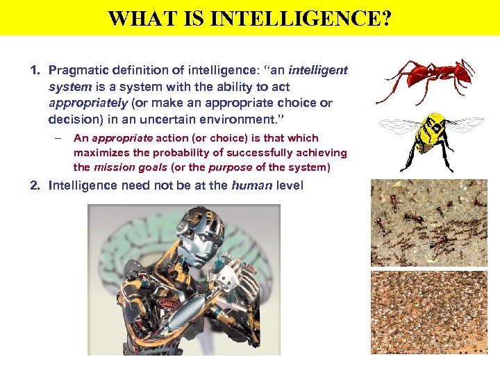 WHAT IS INTELLIGENCE? 1. Pragmatic definition of intelligence: “an intelligent system is a system