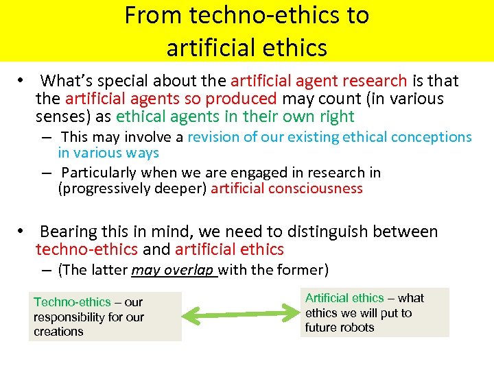 From techno-ethics to artificial ethics • What’s special about the artificial agent research is