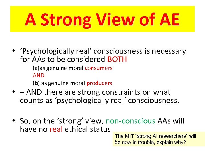 A Strong View of AE • ‘Psychologically real’ consciousness is necessary for AAs to