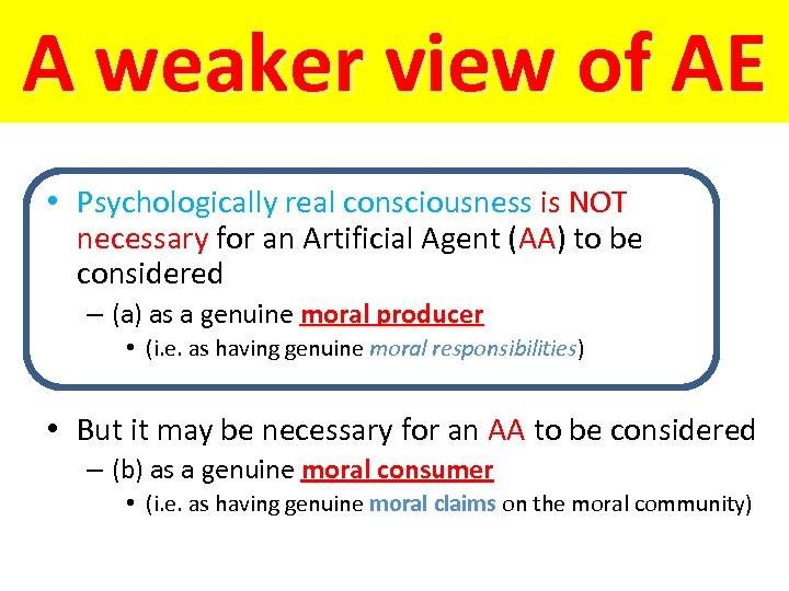 A weaker view of AE • Psychologically real consciousness is NOT necessary for an