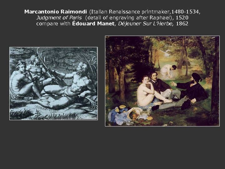Marcantonio Raimondi (Italian Renaissance printmaker, 1480 -1534, Judgment of Paris (detail of engraving after