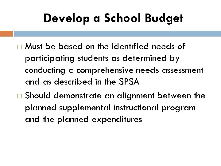 Develop a School Budget Must be based on the identified needs of participating students
