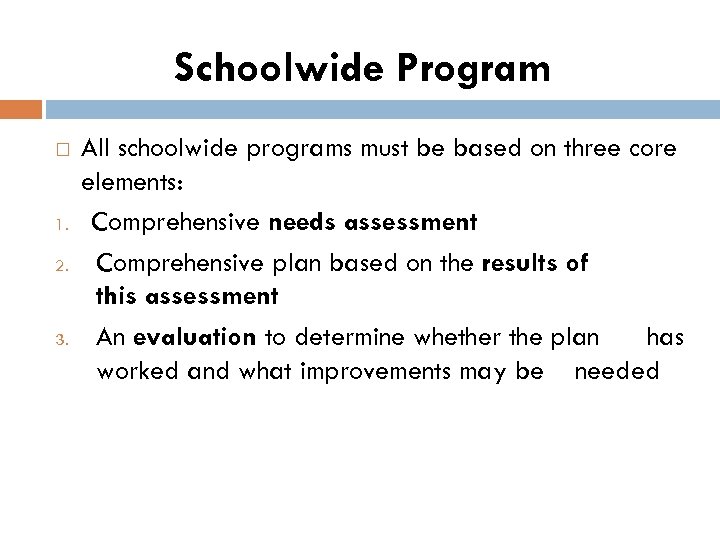 Schoolwide Program 1. 2. 3. All schoolwide programs must be based on three core