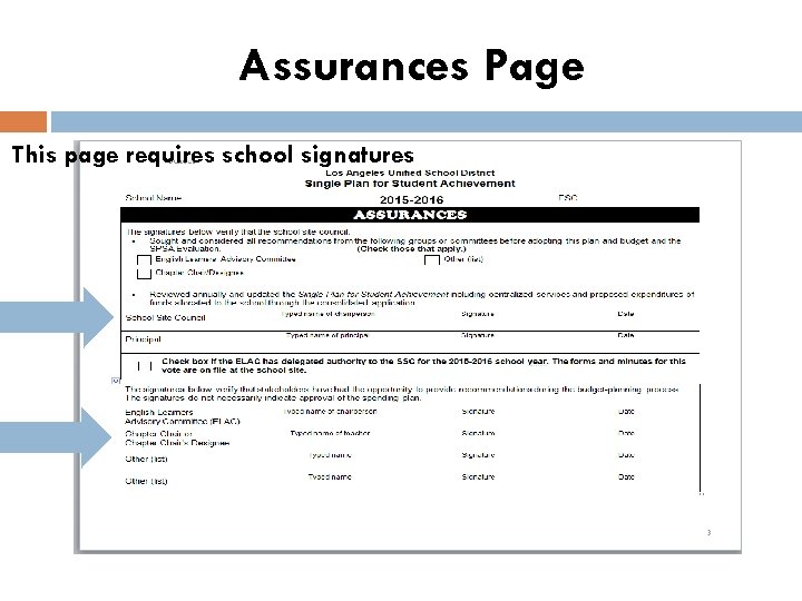 Assurances Page This page requires school signatures 