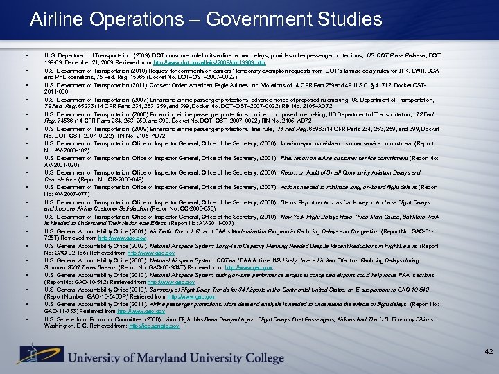 Airline Operations – Government Studies • • • • • U. S. Department of